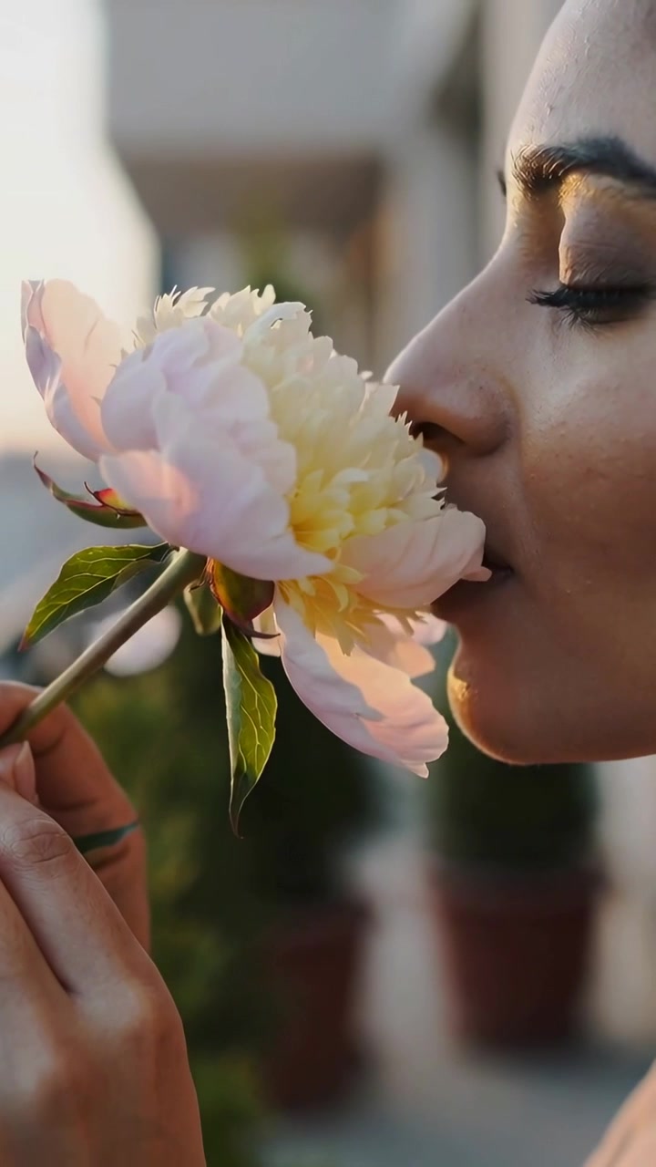 Video verticale: Donna in canottiera che annusa il profumo di peonie, in cerca di calma sul balcone