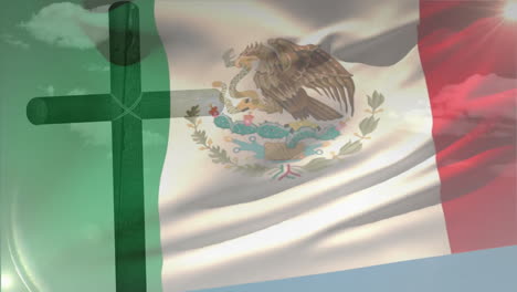 animation of flag of mexico over wooden cross and sky with clouds