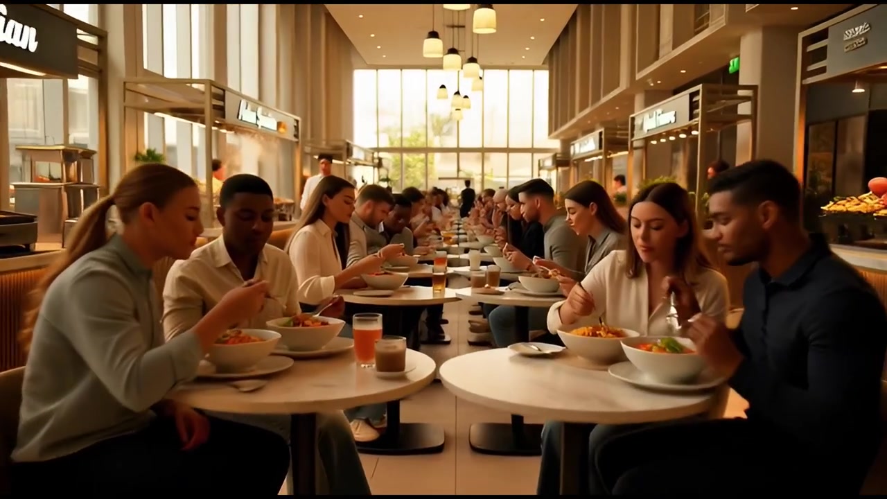 Diverse Group of People Eating Lunch in a Modern Food Court