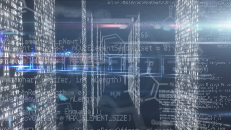 Animation of medical data processing over screens with mosaic squares against blue background