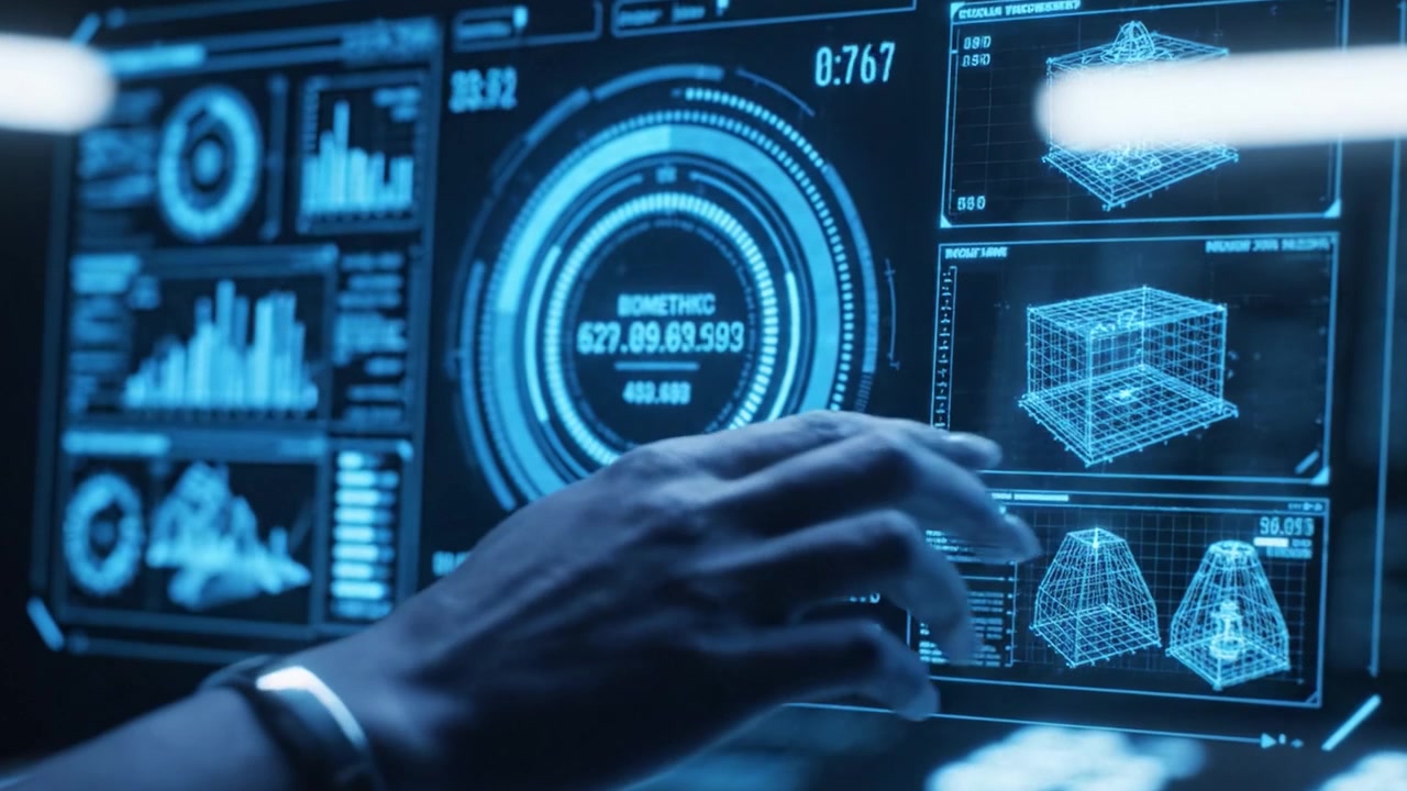 A Close-Up of a Hand Interacting with a High-Tech Biometric Display, Featuring Complex Data Visualizations and Futuristic Interfaces at a Dark Setting