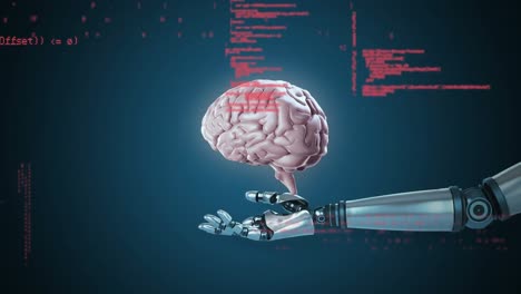 brazo robótico que sostiene un cerebro holográfico