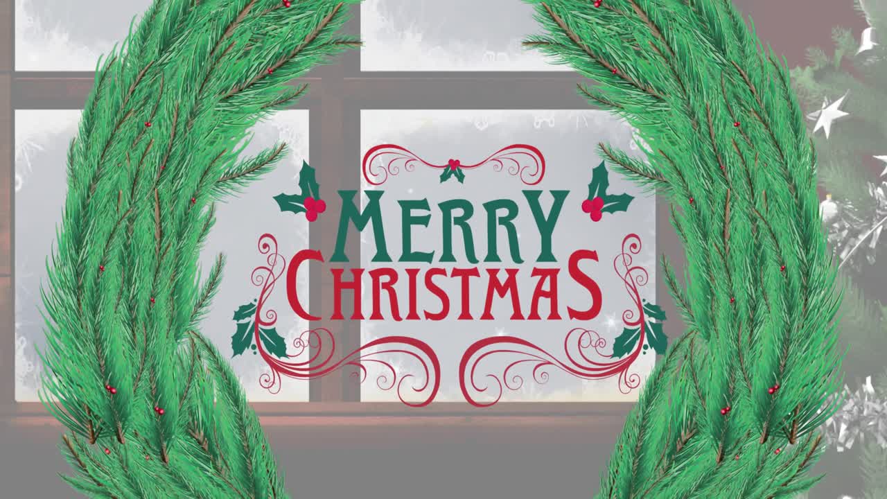 Animation of merry christmas text over fir tree and window