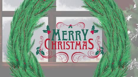 animation of merry christmas text over fir tree and window