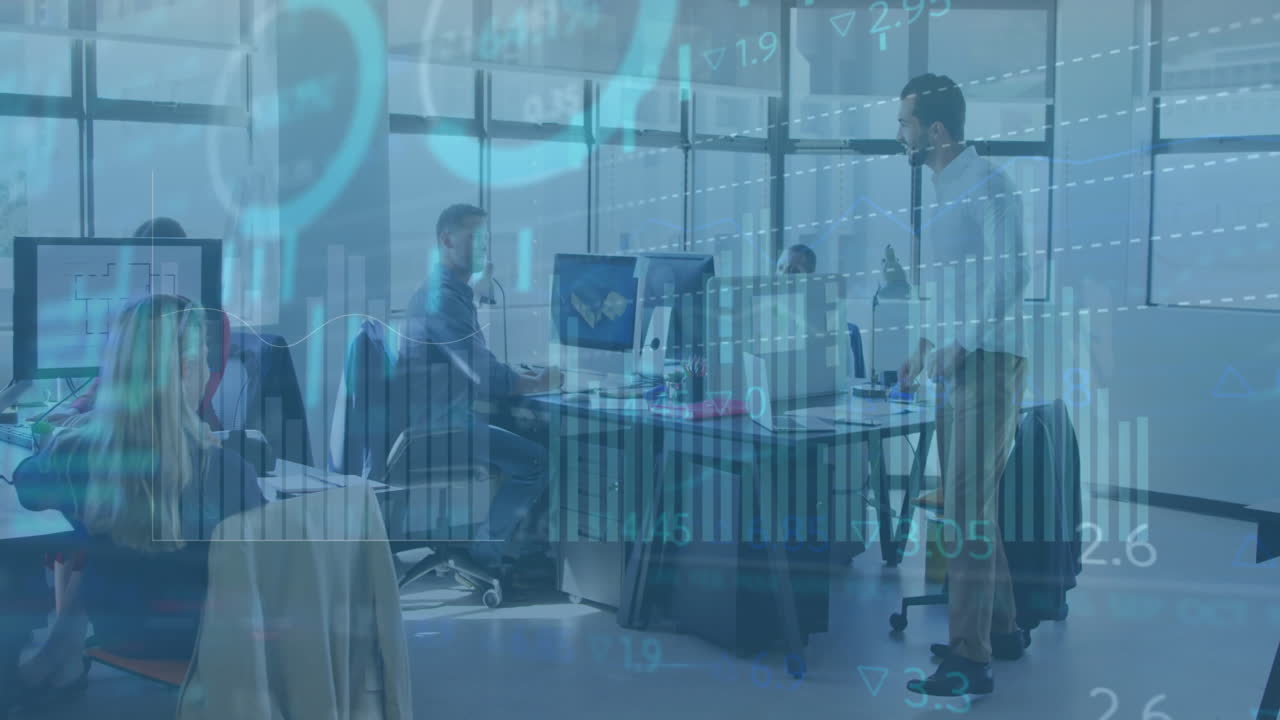 Animation of financial data processing over diverse business people in office