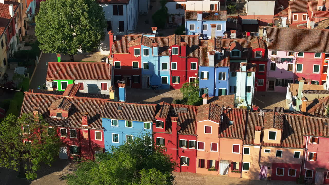 Aerial drone view of the colourful houses of Burano Island, Italy