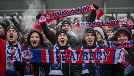 passionate fans wave scarves and cheer loudly at a sporting event, displaying team loyalty and excitement in a vibrant atmosphere of support and community spirit
