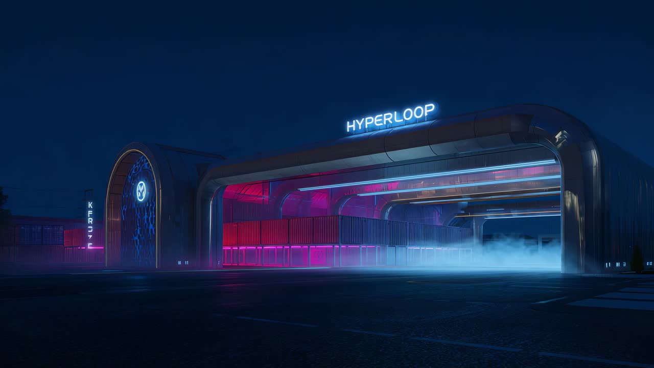 Glowing Hyperloop terminal with HYPERLOOP sign, neon, crates on apron, night chill making fog drift