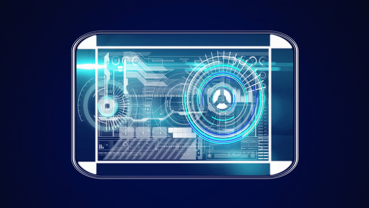 escáner redondo de neón girando sobre la interfaz digital con procesamiento de datos contra un fondo azul