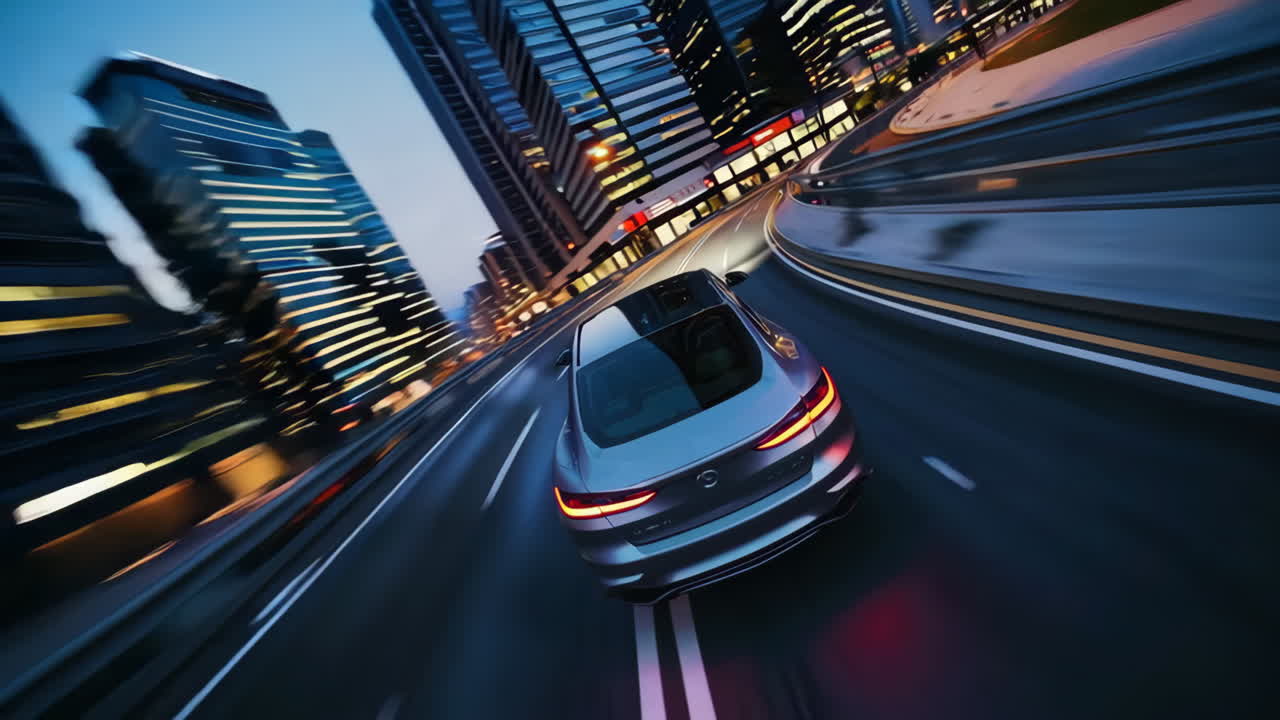 Fast Car Driving through City at Sunrise/Sunset or Night