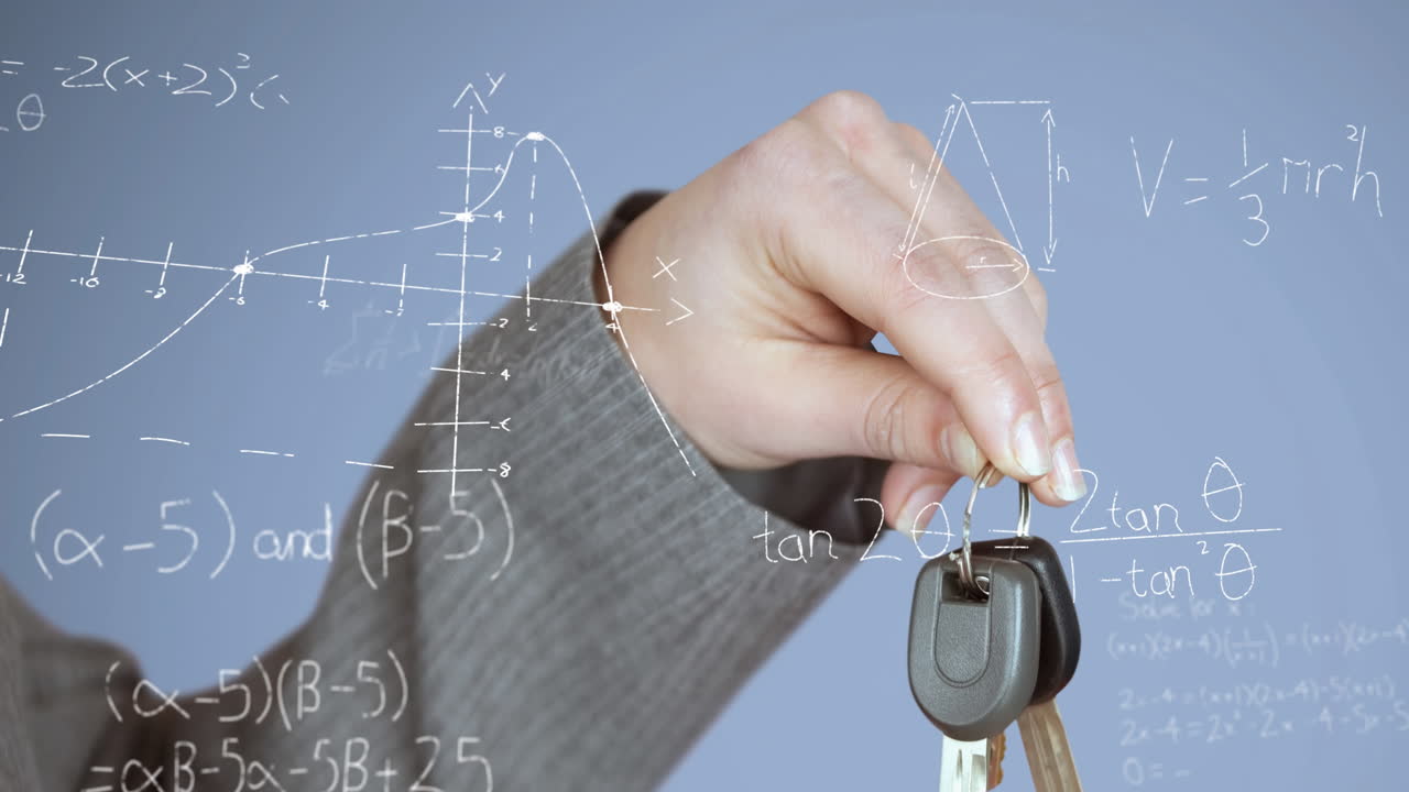 animación de ecuaciones matemáticas flotando en contra de un primer plano de una mano hoding llaves de coche