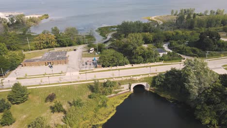 forward track and downward tilt motion over muskegon's ruddiman bridge