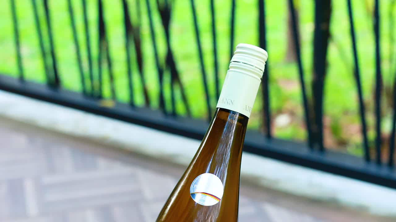 una botella de vino se coloca en un cubo de hielo en un patio, con vegetación exuberante en el fondo, capturada en luz natural