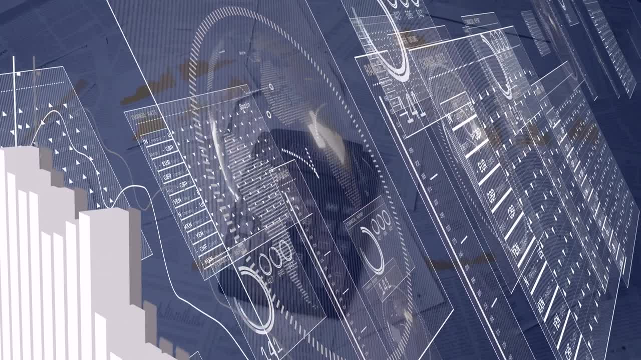 animazione dell'interfaccia con l'elaborazione dei dati contro la calcolatrice che cade sui documenti.