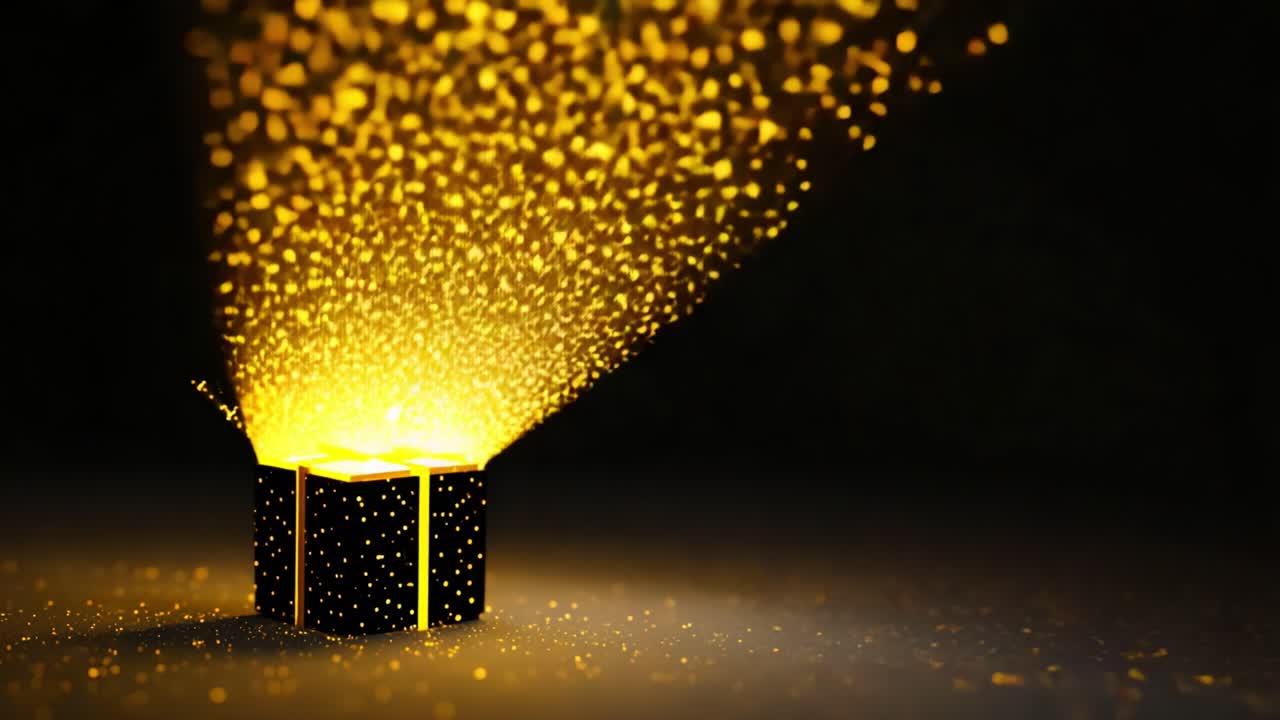 An Enigmatic Black Box, Overflowing with Radiant Golden Particles, Shimmers in the Darkness, Creating a Magical Atmosphere of Mystery and Wonder Captured in Stunning Detail