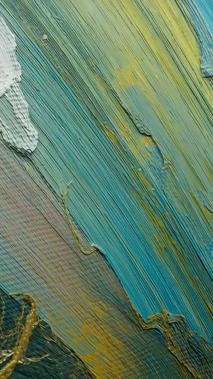 Vertical video: Focusing camera on abstract acrylic canvas at studio showing metallic brush strokes
