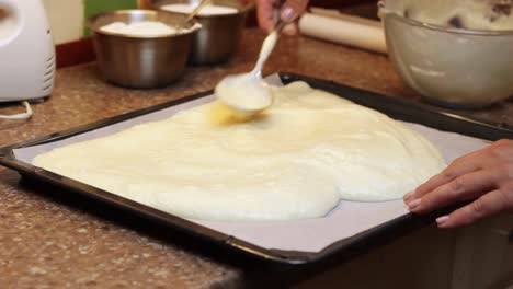 alisar la masa de bizcocho sobre una bandeja para tartas con una cuchara sobre papel vegetal