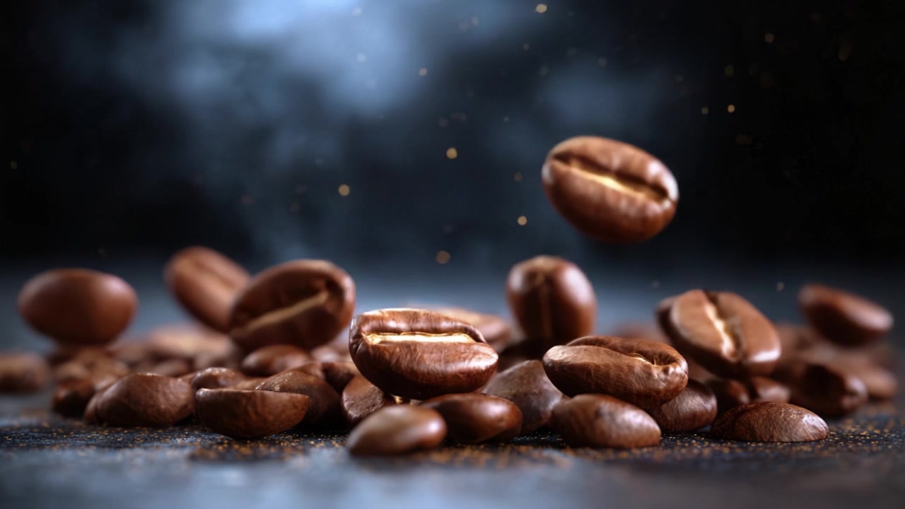 En fængslende visuel rejse gennem kaffebønnernes verden, der fremviser deres rige farve og tekstur midt i en mystisk baggrund af svævende partikler.