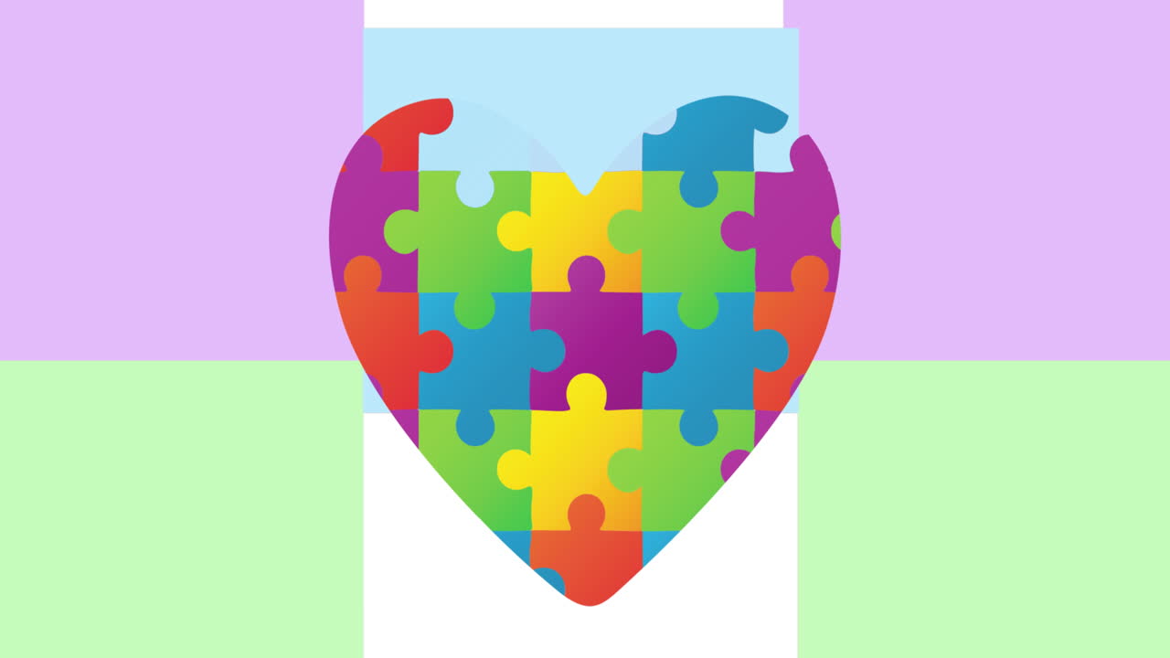 Animation of heart made of colorful puzzles over background with moving squares