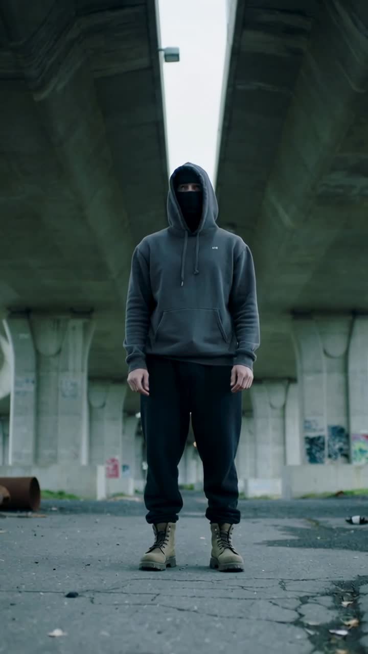 Mysterious Person in Hoodie and Balaclava Standing Under a Concrete Bridge