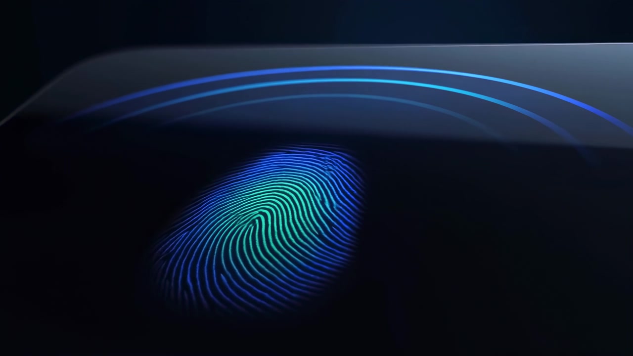 Close-up scene showing fingerprint sensor activation on glossy dark device surface, with concentric ridges glowing from cyan center to deep blue edge, soft halo light, and curved reflective arcs
