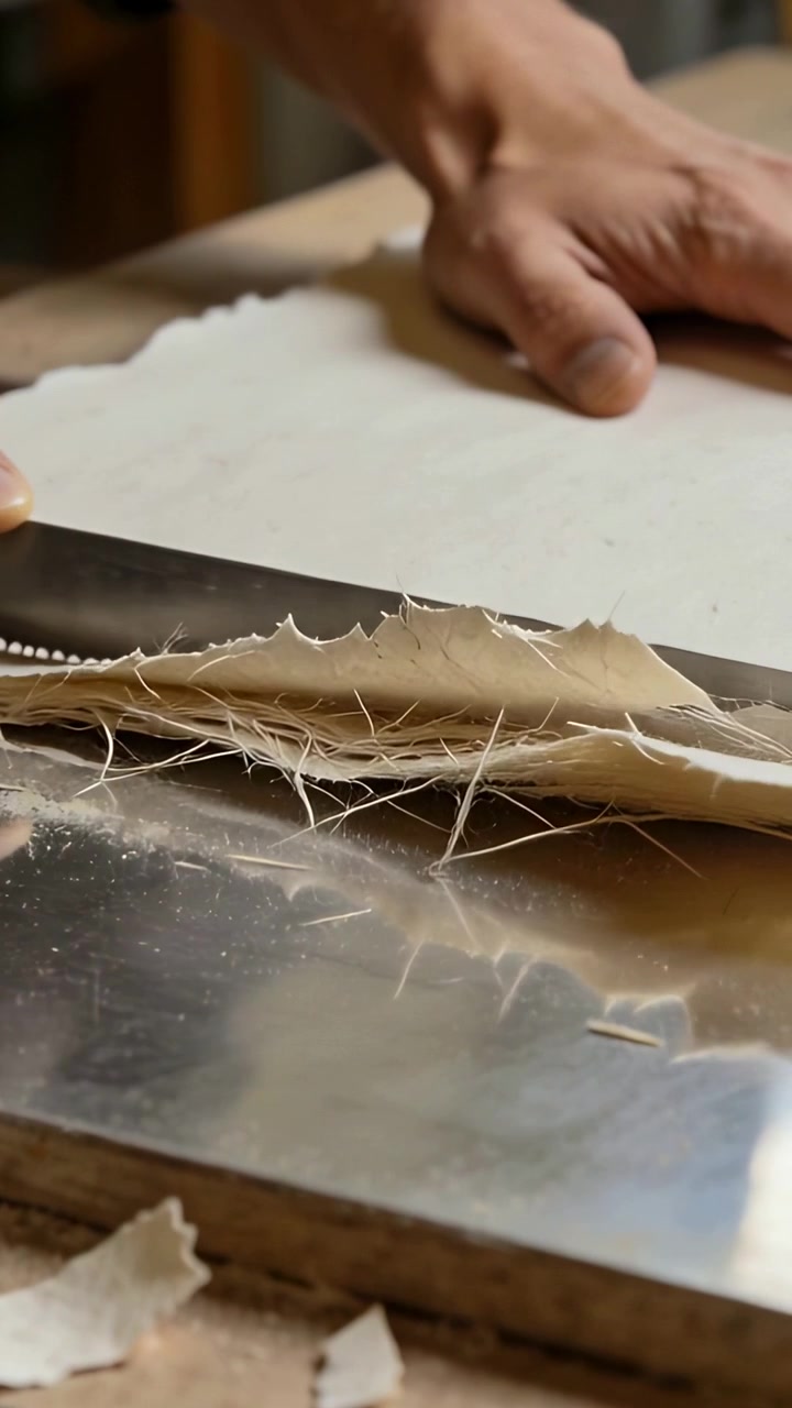 Vertikales Video: Eine Hand stabilisiert, Arbeiterhände schneiden Papier mit einem Messer an einer Werkbank und trennen Schichten.