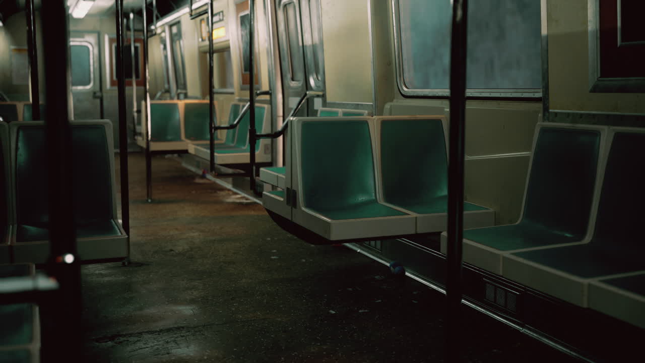 Interno di una metropolitana con sedili vuoti illuminati da una luce soffusa di notte