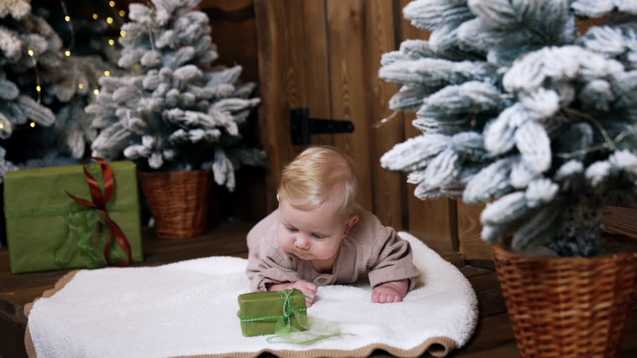 Baby boy lying on the plaid is focused on the gift box. Cute infant among the beautiful fir trees.