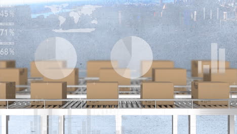 statistical data processing against delivery boxes on conveyor belt against cityscape