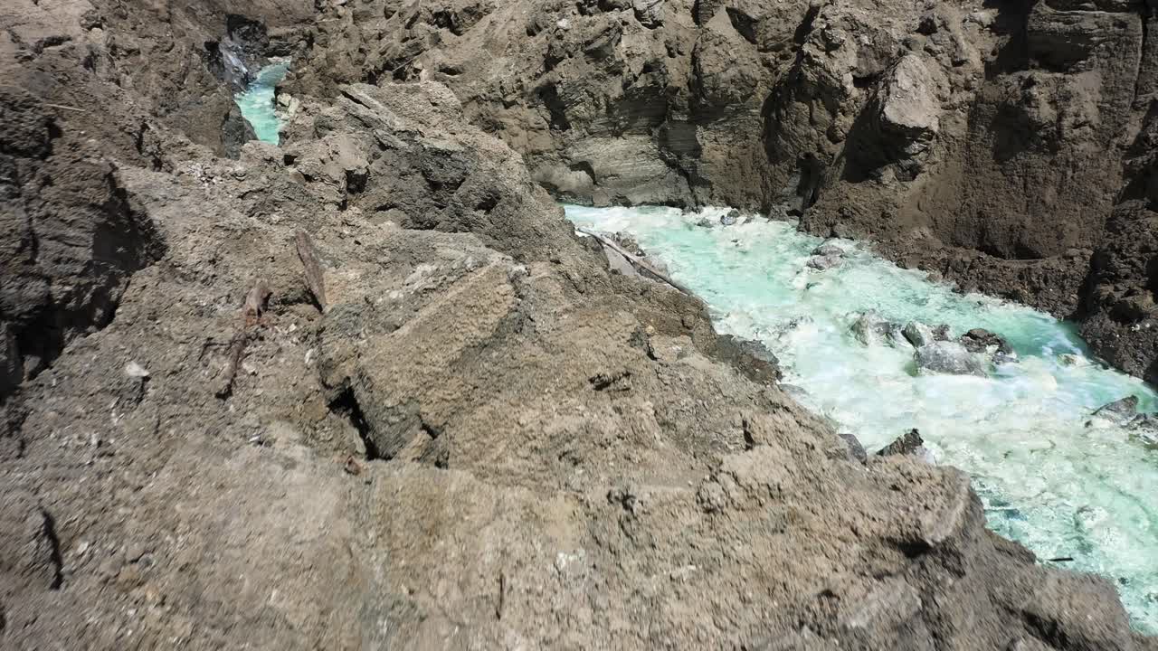 Sorgenti termali del Mar Morto: rapido sorvolo aereo su un paesaggio desertico di canyon con acque calde e cristalline che scorrono verso il mare