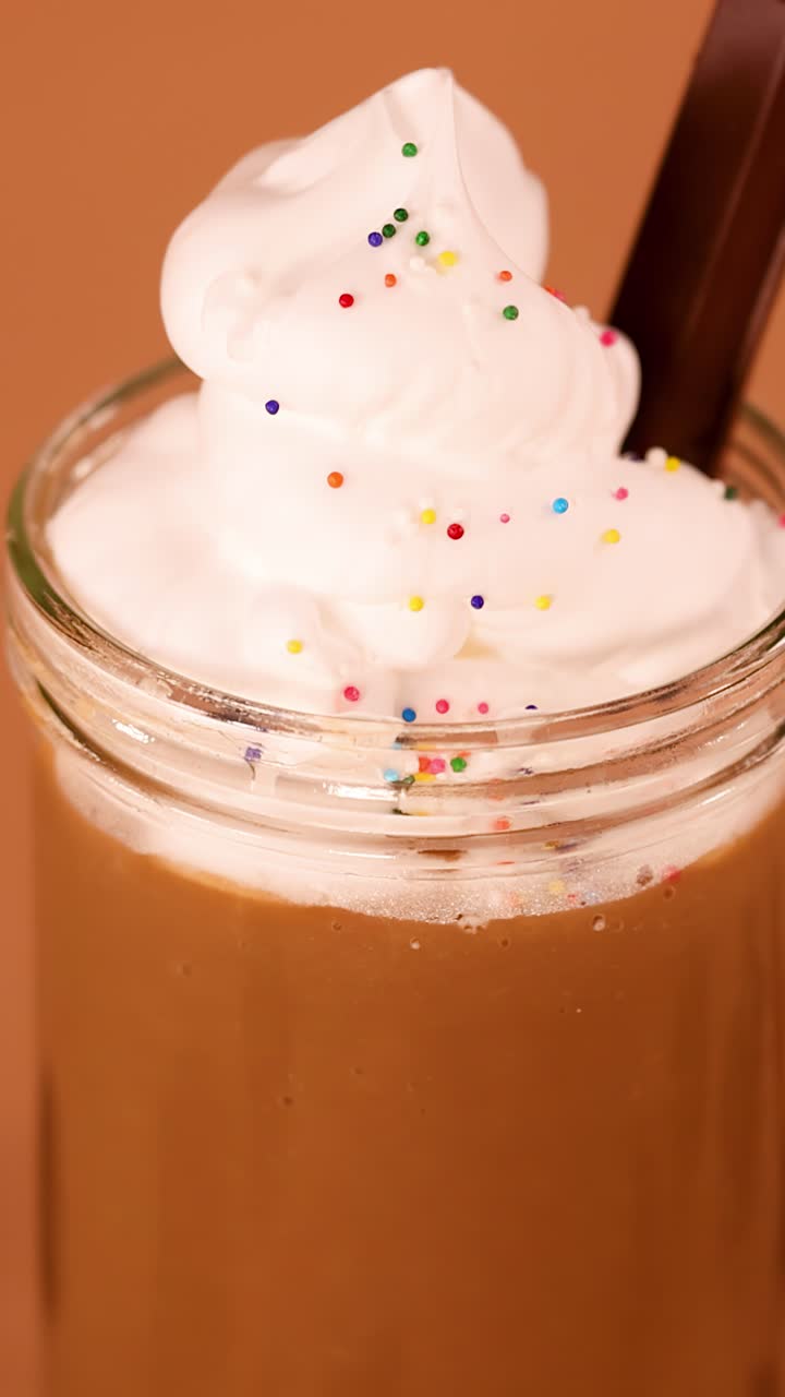 Primo piano di milkshake al cioccolato guarnito con panna montata mentre cadono zuccherini colorati su uno sfondo marrone caldo