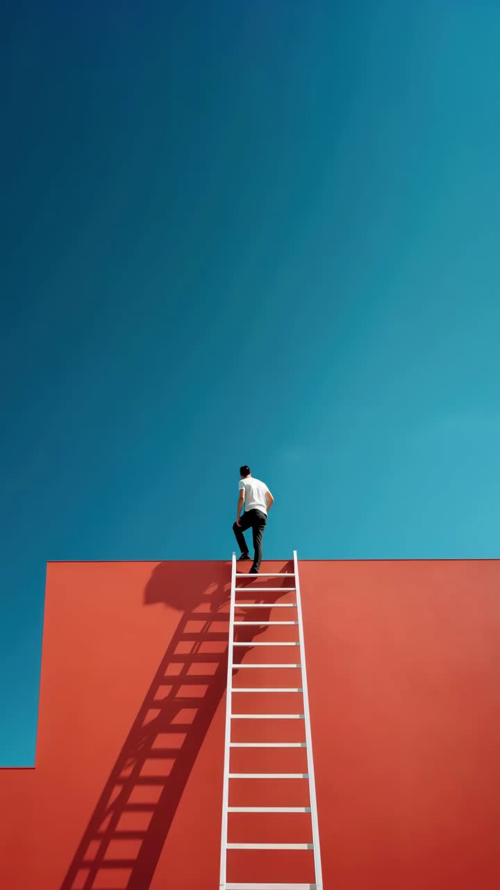 Un hombre sube por una escalera apoyada contra una pared roja, fotografiado desde un ángulo bajo. El cielo azul vibrante añade contraste.