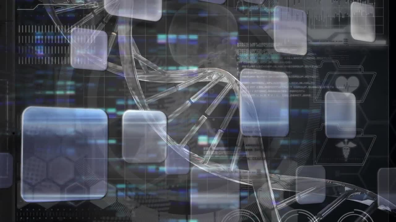 Animation of shapes and data processing over dna strand on black background