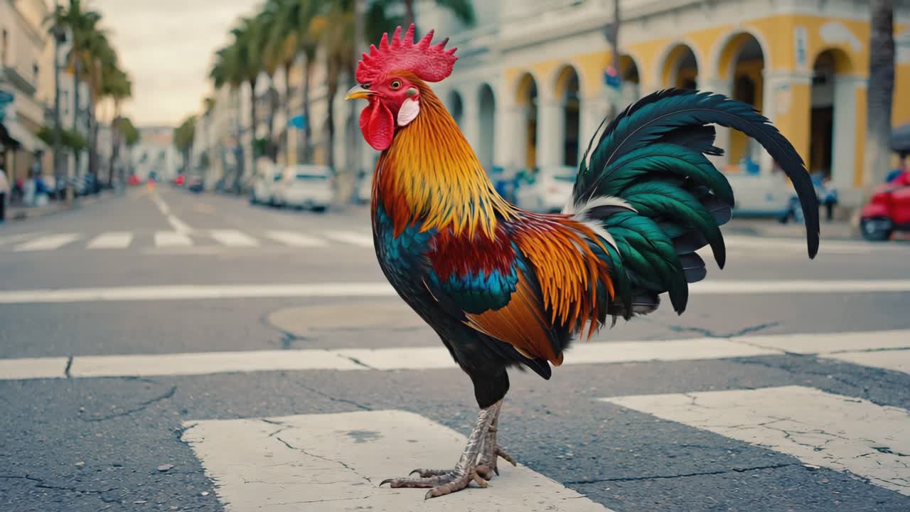 Rooster crossing the street