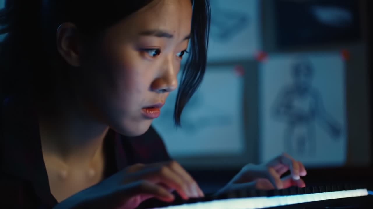 A focused young woman intensely engages with her keyboard, illuminated by soft light in a dimly lit room, surrounded by her creative sketches and designs, immersed in her work