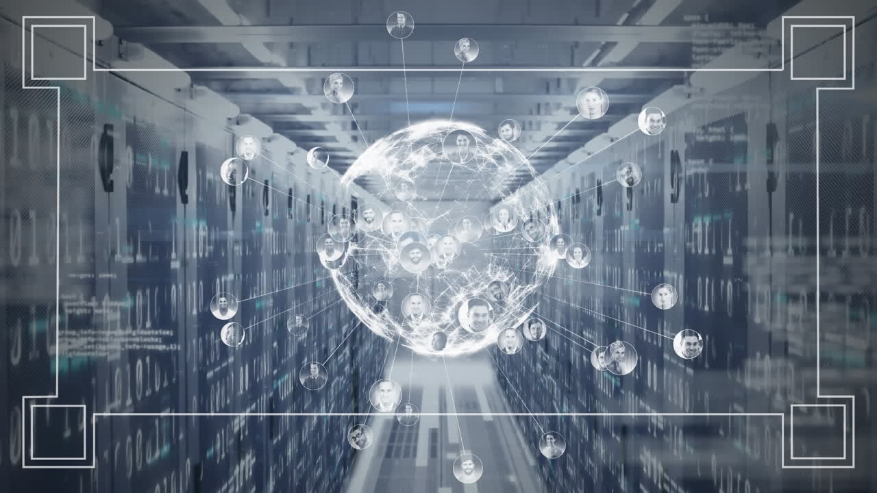 Animation of globe spinning data processing and information through computer processors behind