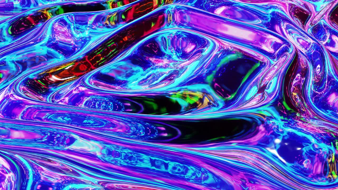모양의 물결 모양의 액체 패턴: 무지개와 함께 화려한 액체 유리와 같은 파란색 표면의 세련된 추상적인 이리데센트 bg. 4k 트렌디한 다채로운 액체 애니메이션.