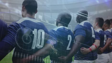 animación del procesamiento de datos durante un partido de rugby en un estadio deportivo