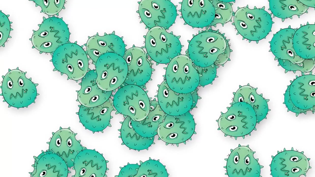 Microbi verdi animati in stile cartone animato cadono e rimbalzano su uno sfondo bianco pulito in stile 2D