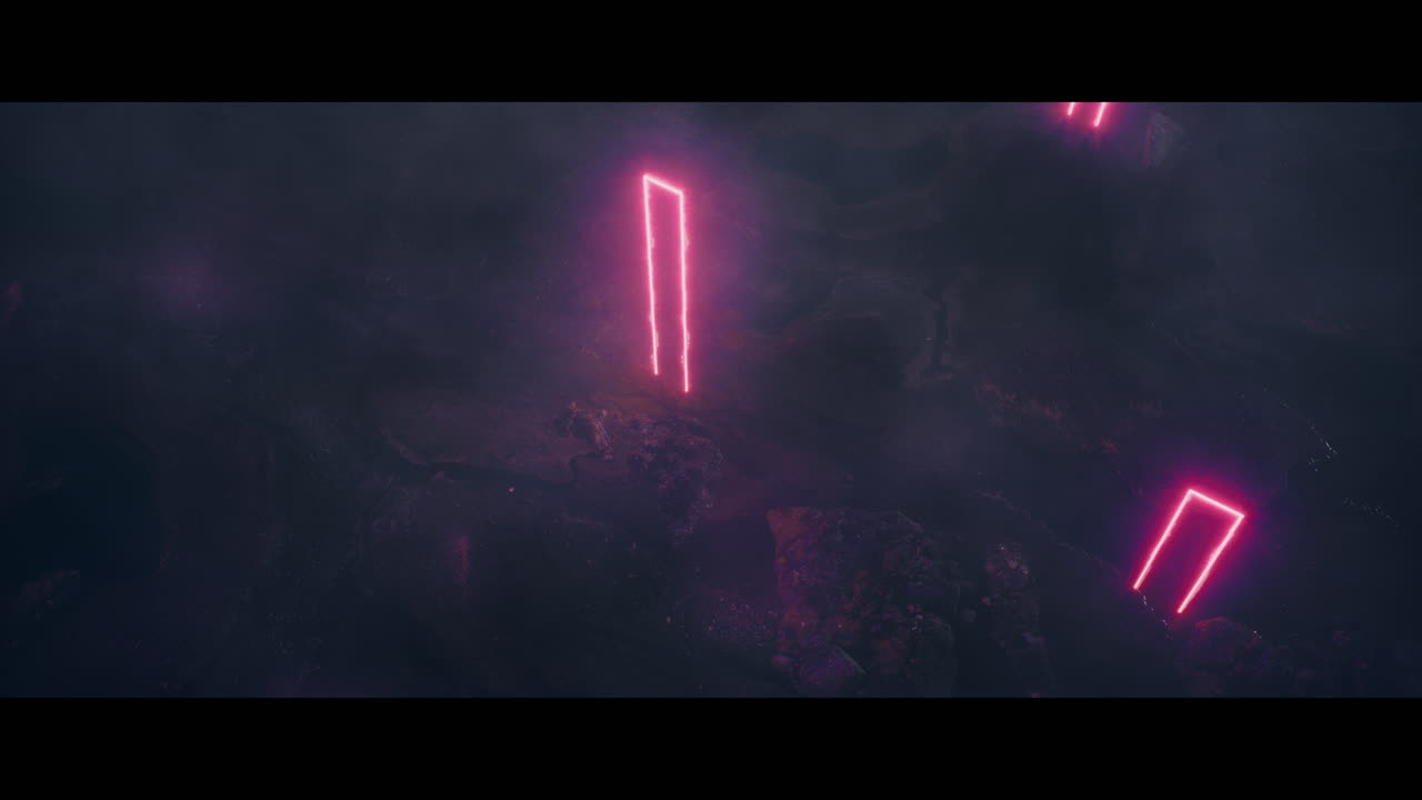 Rocky landscape with huge pink light portal structures