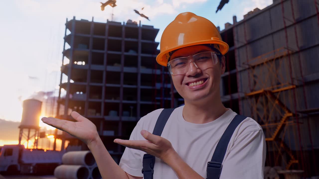 un trabajador asiático apuntando hacia un lado en el sitio de construcción