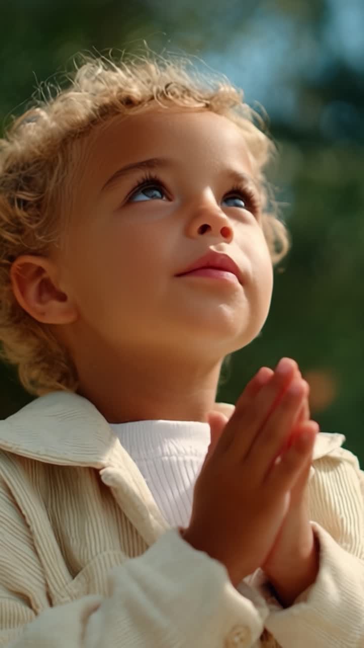 A Young Child with Curly Hair and Bright Blue Eyes in a Captivating Moment of Reflection and Innocence, Expressing Joy with Hands Together in Prayerful Anticipation