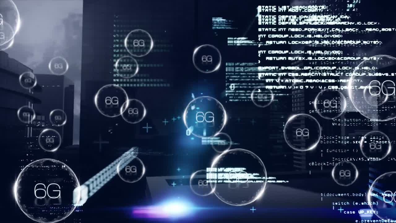 Animation of network of 6g text over data processing