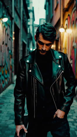 man in leather jacket in urban alley at night