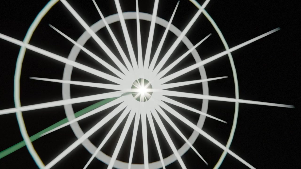 Spark appearing white star with green ribbon tracing spiral in black void, forming rings