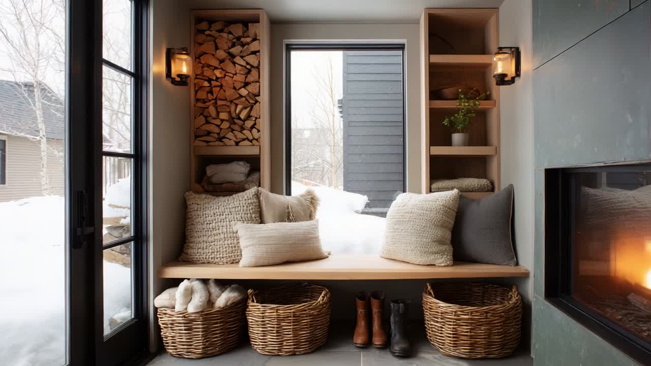 Cozy Winter Nook with Natural Light and Elegant Furnishings: A Perfect Blend of Comfort and Style Featuring a Warm Fireplace and Inviting Decor in a Snowy Outdoor Setting
