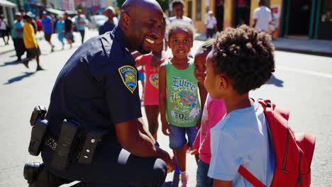 police officer interacting with children in a diverse neighborhood