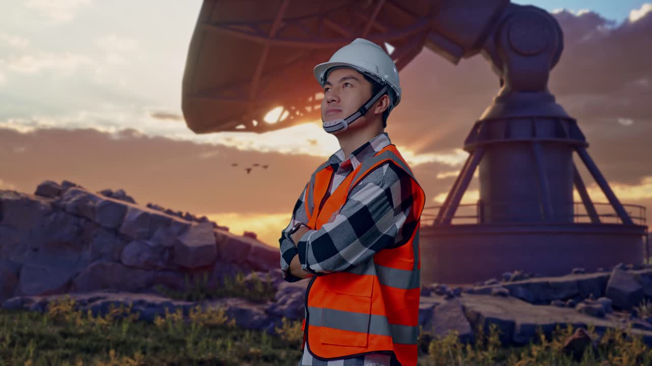 Side View Of Asian Male Engineer With Safety Helmet Crossing His Arms And Looking Around While Standing With Large Satellite Dish