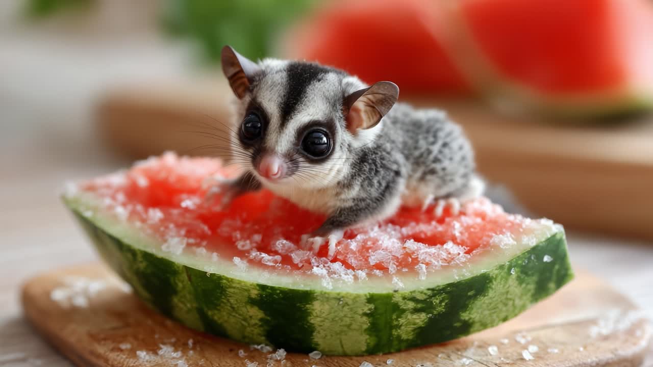 A Playful Sugar Glider Enjoying a Refreshing Watermelon Treat with a Sprinkling of Sugar on a Cozy Wooden Board