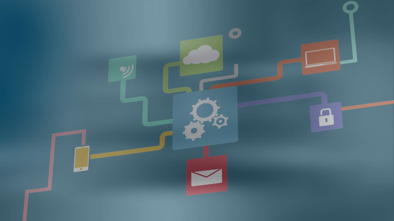 Animation of network of digital icons against blue blurred background